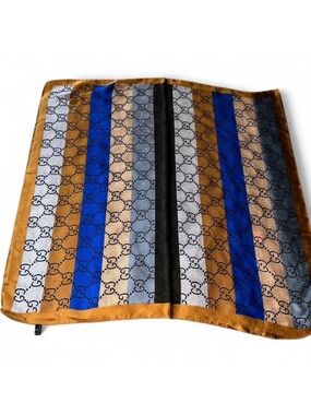 Gucci Striped GG Logo Silk Scarf in Blue, Gold, Black and Cream